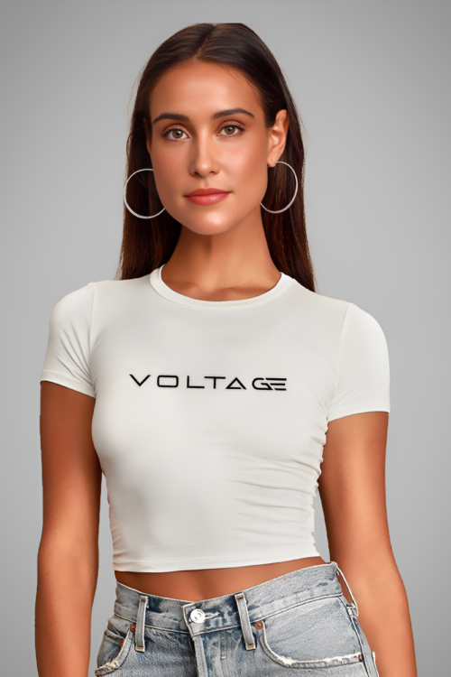 Voltageclothings Women’s Printed Round Neck White Crop Top Half Sleeve