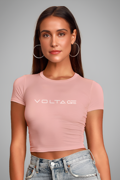 Voltageclothings Women’s Printed Round Neck Baby Pink Crop Top Half Sleeve