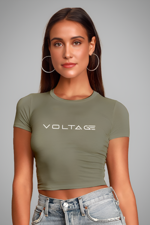 Voltageclothings Women’s Printed Round Neck Cement Green Crop Top Half Sleeve