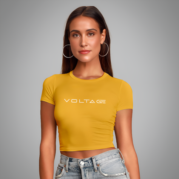 Voltageclothings Women's Printed Round Neck Mango Yellow Crop Top Half Sleeve