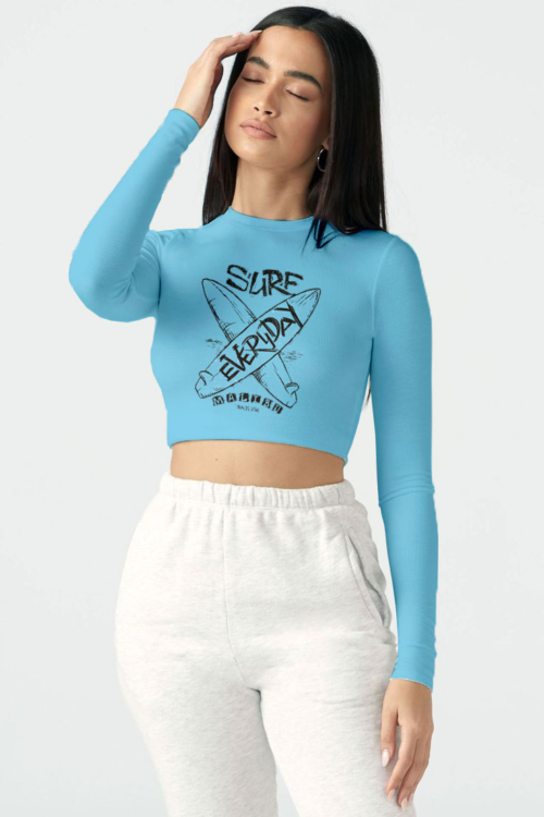 Voltageclothings Women’s Printed Round Neck Sky Blue Crop Top Full Sleeve