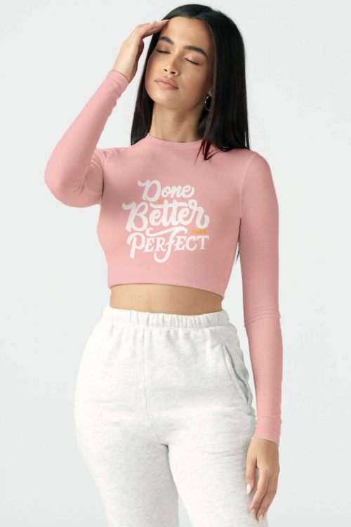 Voltageclothings Women’s Printed Round Neck Baby Pink Crop Top Full Sleeve