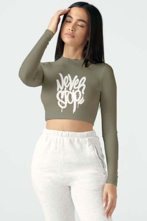 Voltageclothings Women’s Printed Round Neck Cement Green Crop Top Full Sleeve