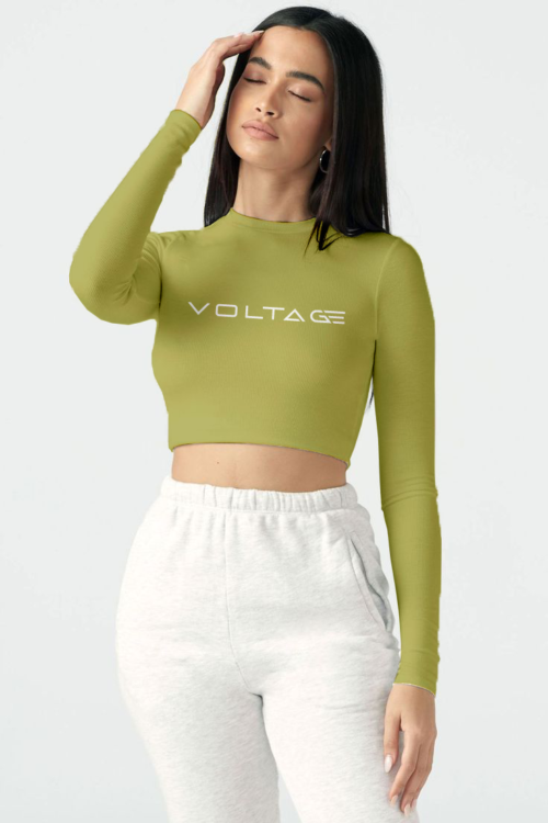 Voltageclothings Women’s Printed Round Neck Olive Crop Top Full Sleeve