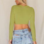 Voltageclothings Women's Printed Round Neck Olive Crop Top Full Sleeve - Image 2