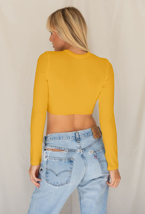 Voltageclothings Women's Printed Round Neck Mango Yellow Crop Top Full Sleeve - Image 2