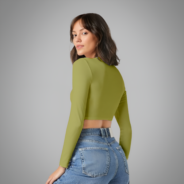 Voltageclothings Women's Printed Round Neck Olive Crop Top Full Sleeve - Image 3