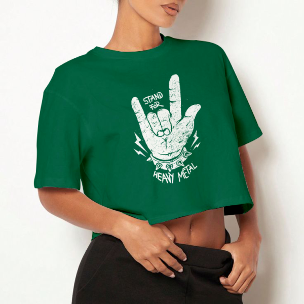 Voltageclothings Women's Printed Round Neck Bottle Green Crop Top Baggy - Image 2