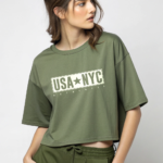 Voltageclothings Women's Printed Round Neck Olive Crop Top Baggy