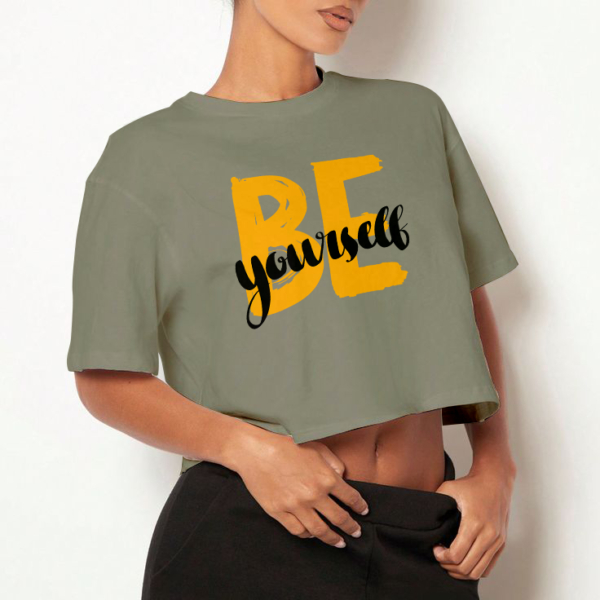 Voltageclothings Women's Printed Round Neck Cement-Green Crop Top Baggy - Image 2