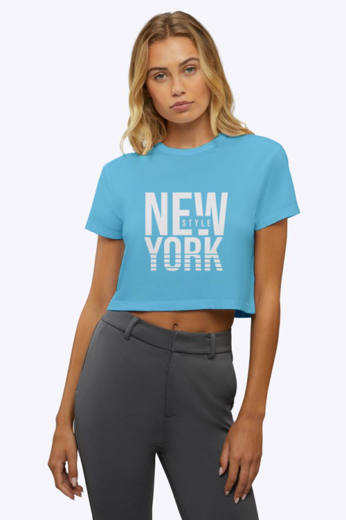 Voltageclothings Women’s Printed Round Neck Sky Blue Crop Top Baggy