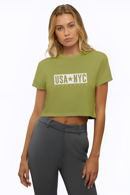 Voltageclothings Women’s Printed Round Neck Olive Crop Top Baggy